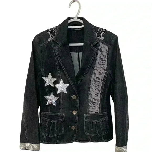 Spoon Me Creations unique, one of a kind denim blazer with embellishments - Picture 1 of 8